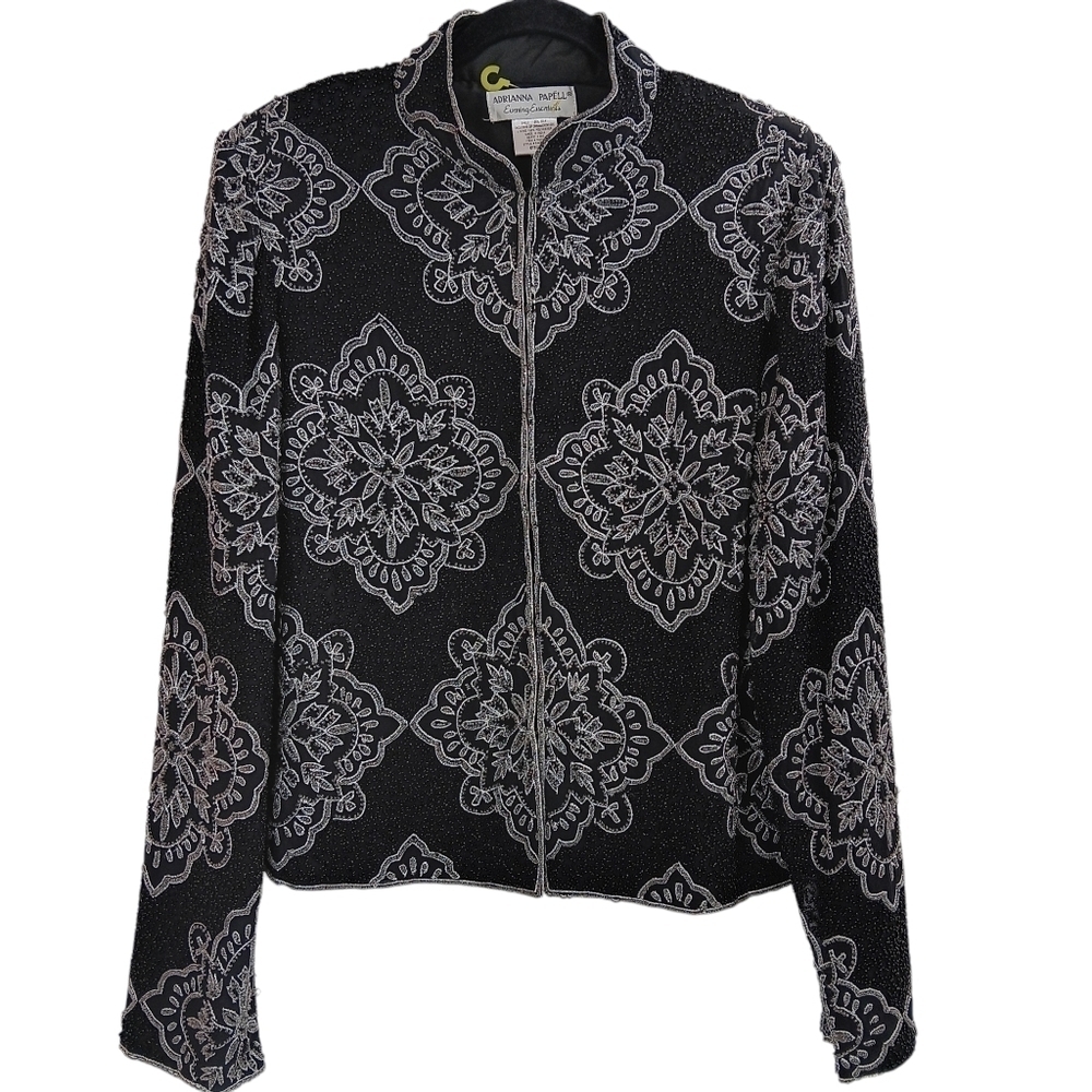 ADRIANNA PAPELL Vintage Beaded Dress-up Jacket Womens Size L Black Silk